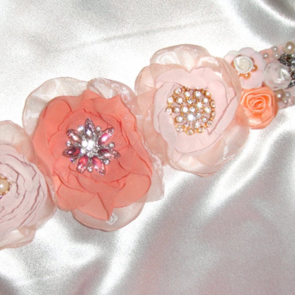Bridal Sash Salmon Pink Beige Flowers New Size XXL